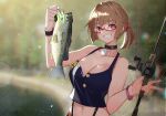  1girl animal bangs blush breasts brown_hair cleavage commentary_request eyebrows_visible_through_hair fish fishing_rod girls_frontline glasses grizzly_mkv_(girls_frontline) holding holding_animal holding_fish holding_fishing_rod large_breasts looking_at_viewer nature navel official_alternate_costume purple_eyes shirt short_hair shorts smile solo warashi 