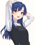  1girl arms_up bangs black_dress blue_hair brown_eyes commentary dress hands_on_own_head highres idolmaster idolmaster_(classic) kisaragi_chihaya long_hair long_sleeves looking_at_viewer open_mouth shirt simple_background smile solo upper_body white_background white_shirt zono_(inokura_syuzo029) 