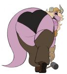  anthro armband bandanna bedroom_eyes bent_over big_butt big_tail black_clothing black_panties black_underwear blonde_hair boots butt cass_(simplifypm) chaps clothed clothing curvy_figure digitalpelican dragon dragonborn female footwear gloves grin hair hammer handwear hi_res horn kerchief long_hair looking_back narrowed_eyes panties partially_clothed pink_body scalie seductive smile smirk solo thick_thighs tools underwear voluptuous wide_hips 