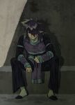  1boy black_pants fengxi_(the_legend_of_luoxiaohei) full_body hair_over_one_eye long_sleeves pants pointy_ears purple_eyes rkp shadow sitting solo sweat the_legend_of_luo_xiaohei 