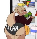  ambiguous_gender anthro big_butt brown_body butt clothed clothing curled_horns digitalpelican female_(lore) food freckles fridge hi_res hoodie horn huge_butt kobold panties partially_clothed piko print_clothing print_panties rear_view red_eyes scalie short_stack solo thick_thighs topwear underwear 