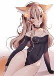  1girl animal_ear_fluff animal_ears annytf anyuu arm_support black_choker breasts brown_eyes brown_hair choker cleavage covered_nipples cowboy_shot extra_ears fang fox_ears fox_girl fox_tail groin hair_between_eyes hair_ornament highres indie_virtual_youtuber leotard long_hair medium_breasts off-shoulder_leotard open_mouth shadow solo star_(symbol) star_hair_ornament strapless strapless_leotard tail white_background 