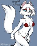  2021 absurd_res anthro bedroom_eyes big_breasts bikini bikini_bottom bikini_thong bikini_top blue_eyes bottomwear breasts cat_tail claws clothed clothing colored curvy_figure digital_drawing_(artwork) digital_media_(artwork) dipstick_tail domestic_cat english_text eyebrows eyelashes eyeshadow felid feline felis female fingers fur hair half-closed_eyes hi_res light lighting looking_at_viewer makeup mammal mitosis_(character) mitosischan multicolored_tail narrowed_eyes navel nipple_outline nipples open_mouth pink_nose portrait pupils red_clothing seductive shaded signature simple_background skimpy slit_pupils solo spanish_text swimwear teeth text topwear white_body white_fur white_hair wide_hips 