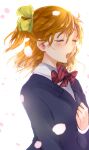  1girl blazer blue_jacket bow bowtie closed_eyes hair_ribbon hand_on_own_chest highres jacket kazehana_(spica) kousaka_honoka light_blush long_sleeves love_live! love_live!_school_idol_project medium_hair music one_side_up open_mouth orange_hair otonokizaka_school_uniform petals red_neckwear ribbon school_uniform singing solo striped striped_neckwear upper_body upper_teeth yellow_ribbon 