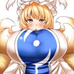  1girl :o animal_ears blonde_hair blush breasts covered_mouth dress fox_ears fox_tail hat huge_breasts multiple_tails open_mouth pillow_hat short_hair simple_background solo tabard tail touhou upper_body white_background white_dress wildcat_(kusonemi) yakumo_ran yellow_eyes 