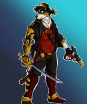  absurd_res acev anthro australian_shepherd bandit_(acev) canid canine canis clothed clothing domestic_dog ear_piercing gun hair herding_dog hi_res male mammal melee_weapon pastoral_dog piercing ponytail prosthetic ranged_weapon sheepdog solo sword weapon 