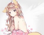  1girl animal_ears annytf anyuu bare_back brown_eyes brown_hair commentary extra_ears fox_ears fox_tail hair_ornament highres indie_virtual_youtuber long_hair looking_at_viewer noise pink_shirt shirt smile solo star_(symbol) star_hair_ornament symbol_commentary tail upper_body 