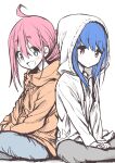  2girls absurdres ahoge asymmetrical_hair back-to-back bangs blue_eyes blue_hair blue_pants closed_mouth commentary_request crossed_legs drawstring eyebrows_visible_through_hair grey_pants hair_between_eyes hands_on_own_legs highres hood hood_up hoodie kagamihara_nadeshiko light_blush looking_at_another looking_to_the_side multiple_girls n2midori open_mouth orange_hoodie pants partially_colored pink_hair purple_eyes shima_rin simple_background sitting_on_floor smile white_background white_hoodie yuri yurucamp 