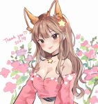  1girl animal_ears annytf anyuu black_choker blush breasts brown_eyes brown_hair choker cleavage collarbone commentary crop_top english_commentary fox_ears hair_ornament highres indie_virtual_youtuber looking_at_viewer medium_breasts milestone_celebration pink_shirt shirt solo star_(symbol) star_hair_ornament tongue tongue_out upper_body white_background 