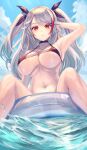  1girl antenna_hair azur_lane bangs bikini black_bikini breasts commentary_request denchi_more_power eyebrows_visible_through_hair hair_between_eyes highres large_breasts long_hair looking_at_viewer multicolored_hair orange_eyes prinz_eugen_(azur_lane) prinz_eugen_(unfading_smile)_(azur_lane) red_hair silver_hair solo streaked_hair swimsuit two_side_up very_long_hair 