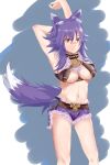  1girl animal_ear_fluff animal_ears arms_up blush breasts collar fur-trimmed_shorts fur_trim groin highres large_breasts looking_at_viewer makoto_(princess_connect!) metal_collar navel o-ring o-ring_top princess_connect! purple_hair purple_shorts shorts solo tail underboob wolf_ears wolf_girl wolf_tail yellow_eyes 
