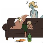 ambiguous_gender annoyed anthro ass_up barefoot beverage big_butt blonde_hair brown_body butt chips_(food) clothed clothing curled_horns digitalpelican dragon dragonborn duo eyes_closed feet female_(lore) flat_chested food freckles freckles_on_butt furniture green_clothing grey_body hair hi_res horn huge_butt kobold lying on_front panties partially_clothed piko pizza pseftis_crundlequest scalie shirt short_stack sleeping soda sofa sound_effects t-shirt thick_thighs topwear underwear white_panties zzz 