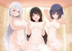  3girls absurdres armpits bangs black_hair blue_eyes blue_hair blurry blurry_background blush breasts brown_eyes closed_mouth collarbone covered_navel covering depth_of_field eyebrows_visible_through_hair groin hair_between_eyes half-closed_eyes highres higuchi_kaede huge_filesize indoors jk_gumi_(nijisanji) large_breasts long_hair mouth_hold multiple_girls nijisanji nude_cover purple_eyes see-through shizuka_rin silver_hair temari_rin tsukino_mito very_long_hair virtual_youtuber wet_towel 