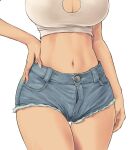  1girl blue_shorts breasts cleavage cleavage_cutout clothing_cutout crop_top denim denim_shorts hand_on_hip highres kaga_(kancolle) kantai_collection large_breasts lower_body midriff navel open_fly shirt short_shorts shorts simple_background solo thigh_gap thighs wa_(genryusui) white_background white_shirt 