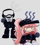  1boy 1girl baseball_cap black_headwear black_pants chibi crossover crying crying_with_eyes_open english_commentary friday_night_funkin&#039; hat helmet hip_hop holding holding_microphone hololive hololive_english jjsmiley95 john_captain laughing microphone mori_calliope newgrounds open_mouth pants pink_eyes pink_hair ponytail shoes sitting sneakers sweatpants tankman_(newgrounds) tankmen tears tied_hair v-shaped_eyebrows virtual_youtuber visor wavy_mouth 