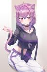  1girl absurdres animal_ears black_choker black_jacket breasts cat_ears cat_tail choker closed_mouth collarbone highres hololive jacket large_breasts long_sleeves looking_at_viewer midriff navel nekomata_okayu pants purple_eyes purple_hair short_hair smile solo tail virtual_youtuber white_pants woogi_(duguddnr) 