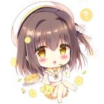 1girl :o ? azumi_kazuki bangs beret big_head blush brown_eyes brown_hair chibi commentary_request crop_top eyebrows_visible_through_hair food fruit full_body hair_between_eyes hat holding holding_plate holding_spoon knees_together_feet_apart layered_skirt lemon lemon_slice long_hair looking_at_viewer midriff one_side_up open_mouth original pancake plate pleated_skirt sailor_collar school_uniform serafuku shirt simple_background skirt solo spoken_question_mark spoon stack_of_pancakes white_background white_headwear white_shirt yellow_sailor_collar yellow_skirt 