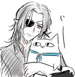  1boy animal arrow_(symbol) black_hair cat eyepatch hair_behind_ear holding holding_animal holding_cat hololive hyde_(mr.holmes) looking_down male_focus miteiru_(shirakami_fubuki) nervous one_eye_covered original red_eyes shirakami_fubuki_(artist) sketch sweatdrop v-shaped_eyebrows vampire 