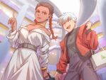  2girls apex_legends aqua_eyes bag belt black_pants black_sweater braid breasts brown_hair clenched_hand dark-skinned_female dark_skin dating dress eyeshadow gold_choker gradient_hair grey_belt grey_hair jacket kogane_mushi loba_(apex_legends) looking_to_the_side makeup mall medium_hair multicolored_hair multiple_girls nessie_(respawn) off-shoulder_dress off_shoulder open_hand pants pointing red_eyeshadow red_hair red_jacket shopping_bag short_hair small_breasts smile sweater sweater_tucked_in turtleneck turtleneck_sweater twin_braids valkyrie_(apex_legends) white_dress yellow_eyes yuri 