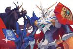  arm_cannon armor black_cape blue_eyes cape commentary_request copyright_name digimon digimon_(creature) full_armor kira_(kira_dra) looking_at_viewer looking_back omegamon omegamon_zwart red_cape red_eyes screen shoulder_armor shoulder_spikes simple_background sparkle spikes standing twitter_username weapon white_background 