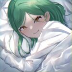  1girl absurdres bangs bed_sheet brown_eyes eyebrows_visible_through_hair green_hair grin highres kitakouji_hisui long_hair long_sleeves looking_at_viewer lying nijisanji on_side parted_bangs pillow sharp_teeth shirt smile solo teeth under_covers upper_body virtual_youtuber white_shirt yotsugi 