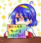  1girl ahoge bangs blue_eyes blue_hair blush_stickers capelet covering_mouth eyebrows_visible_through_hair floral_background hairband holding holding_sign long_sleeves looking_at_viewer patchwork_clothes patterned_background polka_dot polka_dot_background pote_(ptkan) rainbow_gradient shaded_face short_hair sign solo swept_bangs table tenkyuu_chimata touhou translation_request upper_body white_capelet 