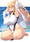  1girl arm_up armpits aster_crowley bag beach blonde_hair blue_sky breasts closed_mouth cloud covered_navel covered_nipples curvy fate/grand_order fate_(series) glasses handbag high_ponytail highleg highleg_swimsuit highres jacket jeanne_d&#039;arc_(fate)_(all) jeanne_d&#039;arc_(swimsuit_archer)_(fate) kneeling large_breasts long_hair ocean one-piece_swimsuit open_clothes open_jacket plump shore sky smile swimsuit thighs water whistle whistle_around_neck white_jacket white_swimsuit yellow_eyes 