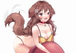  1girl animal_ears anyuu ball bone_hair_ornament bra breasts brown_eyes brown_hair cleavage collar commentary dog_ears dog_girl dog_tail exercise_ball fang floppy_ears hair_ornament hololive inugami_korone large_breasts long_hair looking_at_viewer open_mouth red_collar simple_background skin_fang swimsuit tail tail_wagging underwear virtual_youtuber white_background yellow_bra 