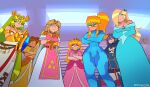  6+girls blonde_hair blue_hair bodysuit cape crossed_arms crown dress emmanomia23 eyeshadow fire_emblem fire_emblem_awakening frown green_hair highres kid_icarus kid_icarus_uprising looking_at_viewer looking_down lucina_(fire_emblem) makeup mario_(series) metroid mini_crown multiple_girls palutena pointy_ears princess_daisy princess_peach princess_zelda rosalina samus_aran super_mario_bros. super_mario_galaxy super_smash_bros. tan the_legend_of_zelda the_legend_of_zelda:_a_link_to_the_past tiara zero_suit 