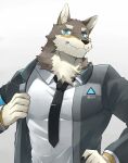 2021 android anthro blue_eyes brown_body brown_fur canid canine canis clothing detroit:_become_human digital_media_(artwork) fur hi_res kemono kenjilokung machine male mammal ogami_aratsuka robot simple_background solo virtual_youtuber wolf 