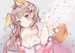  1girl animal_ears annytf anyuu black_choker breasts brown_eyes brown_hair choker cleavage commentary extra_ears food-themed_bag fox_ears fox_girl fox_tail indie_virtual_youtuber large_breasts looking_at_viewer off_shoulder open_mouth petals pink_shirt shirt solo symbol_commentary tail upper_body 