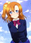  1girl arms_behind_back blue_eyes blue_jacket blue_skirt blue_sky blush bow bowtie closed_mouth cloud commentary_request facing_viewer jacket kousaka_honoka long_hair looking_at_viewer love_live! love_live!_school_idol_project medium_hair one_side_up orange_hair otonokizaka_school_uniform plaid plaid_skirt pleated_skirt red_neckwear ric_(fwpbox) school_uniform skirt sky smile solo striped striped_neckwear upper_body 