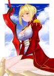  1girl aestus_estus ahoge arind_yudha bangs blonde_hair blue_sky blush braid breasts cleavage closed_mouth dress epaulettes fate/extra fate_(series) french_braid green_eyes hair_bun hair_intakes highres large_breasts long_hair looking_at_viewer nero_claudius_(fate) nero_claudius_(fate)_(all) red_dress sitting sky smile sword wariza weapon 