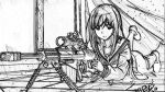  1girl eyebrows_visible_through_hair eyes_visible_through_hair floor greyscale gun lying mizzie_fiji_yt monochrome original rifle school_uniform smile sniper_rifle solo traditional_media weapon window yandere 