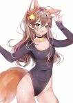  1girl ahoge animal_ears annytf anyuu black_choker breasts brown_background brown_hair choker commentary covered_navel english_commentary extra_ears fox_ears fox_girl fox_tail hair_between_eyes hair_ornament highres indie_virtual_youtuber leotard long_hair looking_at_viewer medium_breasts open_mouth simple_background solo star_(symbol) star_hair_ornament tail 