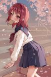  all_fours angel_beats! blue_skirt blush cherry_blossoms commentary feet_out_of_frame highres iwasawa looking_at_viewer mouth_hold ms_cloud outdoors pleated_skirt red_eyes red_hair red_neckwear school_uniform serafuku shirt short_hair skirt stairs white_shirt 