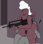  ! ambiguous_gender anon anthro black_nose brown_body bulletproof_vest butt butt_smother canid canine canis clothing combat_gear curled_hair digitalpelican domestic_dog duo ear_tuft fluffy fluffy_tail gun hair hi_res long_ears male male/ambiguous mammal mostly_nude navel poodle ranged_weapon red_eyes rifle sitting smothering standing strangemodule tail_tuft thick_thighs thong topwear tuft underwear weapon white_hair wide_hips 