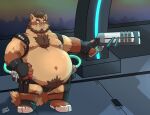  2021 absurd_res anthro belly brown_body brown_fur bulge clothing detailed_background facial_piercing fur hi_res humanoid_hands kemono male mammal moobs nipples nose_piercing nose_ring obese obese_anthro overweight overweight_anthro overweight_male piercing solo suid suina sus_(pig) underwear v2wolf weapon wild_boar 