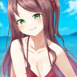  1girl absurdres akabane_youko bangs bare_shoulders bikini blurry blurry_background breasts brown_hair cleavage collarbone depth_of_field eyebrows_visible_through_hair fang fang_out green_eyes hair_ornament hair_scrunchie head_tilt highres long_hair looking_at_viewer medium_breasts nijisanji one_side_up parted_lips red_bikini red_scrunchie scrunchie smile solo swept_bangs swimsuit upper_body very_long_hair virtual_youtuber water yotsugi 