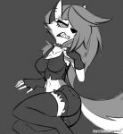  2021 anthro barryfactory bottomwear canid canid_demon clothing collar demon female greyscale hair hair_over_eye hellhound helluva_boss hi_res loona_(vivzmind) lying mammal midriff monochrome on_side one_eye_obstructed sharp_teeth shorts solo spiked_collar spikes teeth 