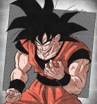  1boy black_hair bracer dragon_ball dragon_ball_z eegiiartto hand_on_own_chest highres male_focus muscular muscular_male open_mouth pain solo son_goku spiked_hair sweat 