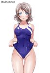 1girl absurdres angel_gabriel. ass_visible_through_thighs blue_eyes blue_swimsuit blush breasts brown_hair cameltoe clothes_pull competition_swimsuit highleg highleg_swimsuit highres looking_at_viewer love_live! love_live!_sunshine!! medium_breasts one-piece_swimsuit partially_visible_vulva shiny shiny_hair shiny_skin short_hair solo standing swimsuit swimsuit_pull thigh_gap thighs watanabe_you wedgie wet wet_clothes wet_swimsuit 