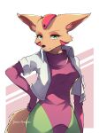  2021 anthro big_breasts breasts clothed clothing fara_phoenix felid feline female fingers fluffy fluffy_tail fully_clothed fur green_eyes hand_on_hip hi_res kemono lynx mammal namagakiokami narrowed_eyes nintendo orange_body orange_fur simple_background smile solo star_fox tuft video_games 