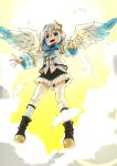  1girl :d aiguillette amane_kanata angel angel_wings armband asymmetrical_bangs asymmetrical_hair bangs black_footwear black_skirt blue_hair blue_legwear blue_neckwear blue_wings blush bob_cut boots bow bowtie colored_inner_hair commentary_request eyebrows_visible_through_hair feathered_wings feathers flying frilled_skirt frills gingham gingham_legwear gradient gradient_wings grey_jacket hair_over_one_eye halo highres hololive homura_minori jacket long_sleeves looking_at_viewer miniskirt multicolored multicolored_hair multicolored_wings open_mouth outstretched_arms purple_eyes shirt short_hair silver_hair single_hair_intake skirt sleeve_cuffs smile sock_garters socks solo star_halo turtleneck virtual_youtuber white_shirt white_wings wide_sleeves wings 