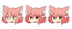  1girl 7th_dragon 7th_dragon_(series) :d animal_ear_fluff animal_ears bangs blush cat_ears empty_eyes eyebrows_visible_through_hair fang green_eyes hair_between_eyes hair_bobbles hair_ornament harukara_(7th_dragon) head looking_at_viewer naga_u one_side_up open_mouth pink_hair simple_background smile variations white_background 