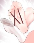  between_toes feet food no_shoes oouso pocky pov_feet simple_background single_sock socks soles toes white_legwear 