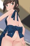  1girl adapted_costume alakoala apron ass black_hair blue_apron commentary_request cowboy_shot from_below highres kantai_collection long_hair looking_at_viewer naked_apron polka_dot polka_dot_apron ponytail short_ponytail sidelocks solo 