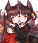  2girls ;d ;o akagi-chan_(azur_lane) amagi-chan_(azur_lane) animal_ear_fluff animal_ears azur_lane bangs bell black_kimono blunt_bangs blush brown_hair brown_tail cheek-to-cheek commentary_request detached_collar eyebrows_visible_through_hair eyeshadow fang fox_ears fox_girl fox_tail hair_bell hair_intakes hair_ornament highres hug japanese_clothes kimono long_hair looking_at_another makeup multiple_girls multiple_tails off-shoulder_kimono off_shoulder one_eye_closed open_mouth purple_eyes purple_kimono red_eyes red_eyeshadow red_kimono ribbon rope shimenawa short_hair sidelocks simple_background sleeveless sleeveless_kimono smile tail tears thick_eyebrows twintails upper_body white_background wide_sleeves yukini_(yuki2maru) 