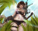  1girl :o arknights asymmetrical_gloves bandeau bangs bare_shoulders black_gloves black_hair black_panties blue_eyes blue_hairband blue_sky breasts commentary cowboy_shot day eunectes_(arknights) gloves grass hairband looking_at_viewer midriff navel open_mouth outdoors panties pointy_ears short_hair sky small_breasts solo standing stomach strapless thigh_strap thighs tubetop ufoliving underwear 