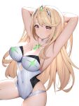  1girl absurdres armpits arms_behind_head arms_up bangs blonde_hair blush breasts brown_eyes casual_one-piece_swimsuit chest_jewel choker cleavage collarbone covered_navel earrings highres jewelry large_breasts long_hair looking_at_viewer mythra_(xenoblade) one-piece_swimsuit parted_lips roi_(liu_tian) simple_background sitting solo strapless strapless_swimsuit swept_bangs swimsuit tiara very_long_hair white_background white_choker white_swimsuit xenoblade_chronicles_(series) xenoblade_chronicles_2 
